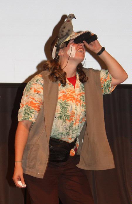 Rebecca Eaton, focus leader, acts silly as a bird watcher in a skit during the annual Focus Show. - Photo by Ebbie Davis