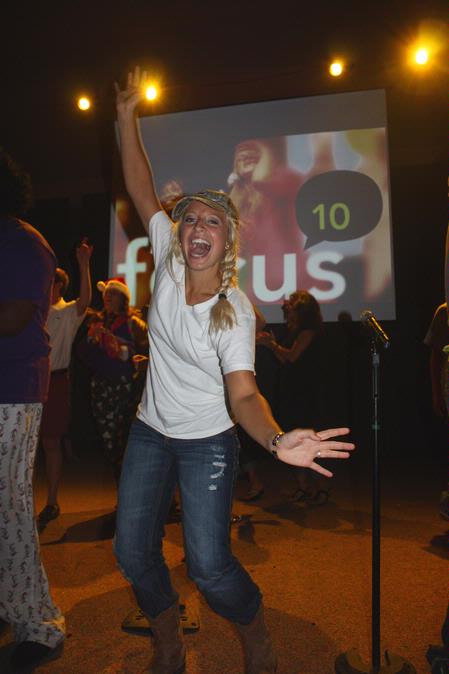 Mazie Walthall, focus leader, shows excitement in the annual Focus Show that is performed for new students.  - Photo by Ebbie Davis