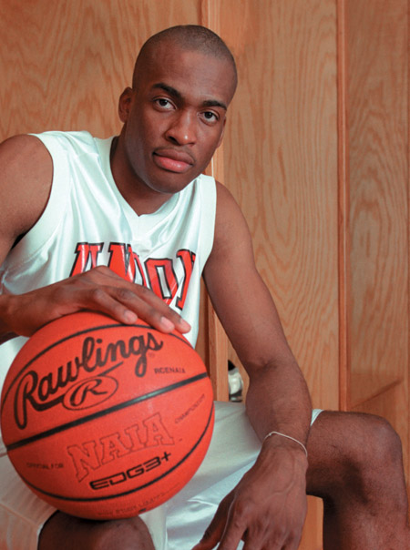 Union Bulldog Robert Joseph - 2001-2002 NAIA Co-Player of the Year, 2001-2002 NAIA All-American First Team, 2001-2002 TranSouth Conference Player of the Year, NAIA & NCAA record holder for shots blocked in a season, & 2001-2002 TranSouth Conference leading scorer.  - Photo by Jim Veneman