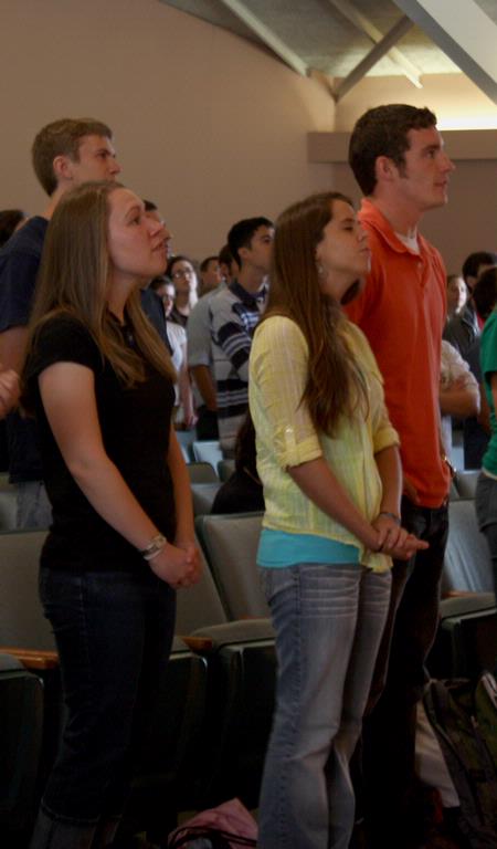Students enjoy worshiping through song during chapel. - Photo by Ebbie Davis