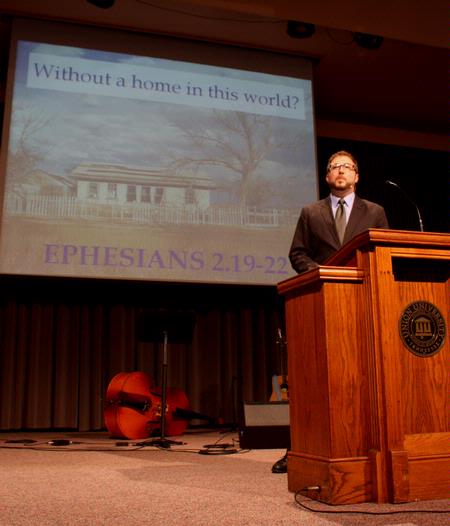 Taylor Worley, associate dean for spiritual life and assistant professor of Christian thought & tradition, speaks in chapel.
 - Photo by Ebbie Davis