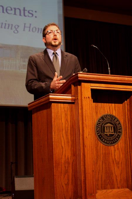 Taylor Worley, associate dean for spiritual life and assistant professor of Christian thought & tradition, speaks in chapel.
 - Photo by Ebbie Davis