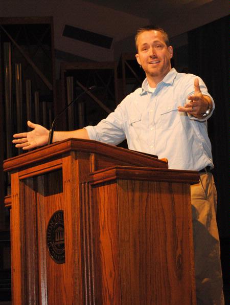 J.D. Greear,  Lead Pastor of The Summit Church in Durham, NC, challenges students with a message from John 12:20-24 during GO Week chapel.  - Photo by Victoria Stargel