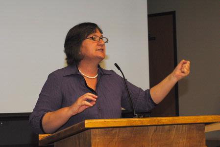 Elizabeth Clack, director of The Warehouse in Cape Town, South Africa, speaks at the Social Justice Symposium sponsored by the social work department. - Photo by Victoria Stargel