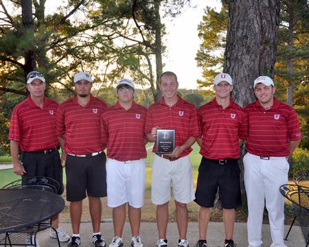 Union men's golf team with the Union University Fall Invitational Championship trophy. (L to R: Coach Andy Rushing, Ryan Chandler, Steven Coffelt, Micah Gentle, Brett Barry, Josh Bratcher) - Photo by Steven Aldridge