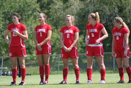 Union women's soccer players during starting lineups. - Photo by Uncredited