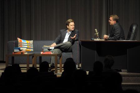 Professors Gene Fant and Justin Barnard talk on stage during one of the freshman Gateway sessions.  - Photo by Morris Abernathy