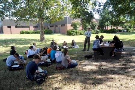 Bobby Rogers, professor of English, conducts class outside on a nice Fall nice.  - Photo by Morris Abernathy