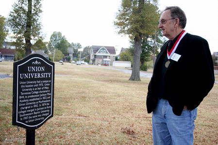 Ray Neil Graves, alum 1961, looks at the plaque that was put up where the university once was. The class of 1961 came back to Union for their 50th reunion during homecoming weekend. - Photo by Deanna Santangelo
