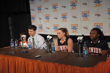 Coach Mark Campbell, Kayla Hudson, and Lavanda Ross answer questions from the press after an exhibition game against the Lady Vols. - Photo by Morris Abernathy