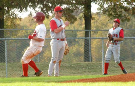 Sophomore Steve Sweat strolls into third base during the Intersquad World Series. - Photo by Steven Aldridge