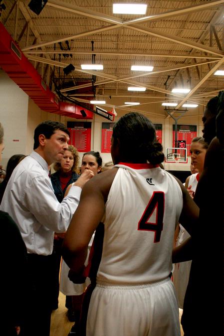 Mark Campbell, head women's basketball coach, discusses plays during a time-out of the first round of the 17th Annual Jackson Rotary Classic. The Lady Bulldogs defeated Oklahoma Baptist University 76-62.
 - Photo by Deanna Santangelo