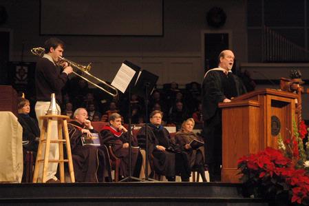 Daniel Styles, junior music education major, and Michael Penny, professor of music, perform a duet at the beginning of the 2010 Fall Commencement Services. 
 - Photo by Beth Spain