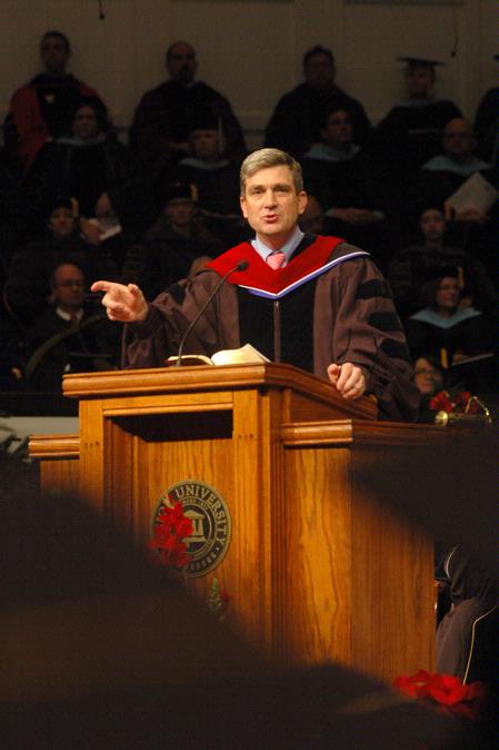 Jon Wallace, president of Azusa Pacific University, speaks to students about their purpose and direction during the Fall Commencement Services at West Jackson Baptist Church. - Photo by Beth Spain