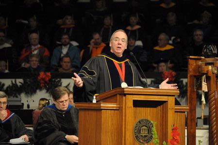 David S. Dockery, president of the university, welcomes family and friends to the 2010 Fall Commencement Services.  - Photo by Morris Abernathy