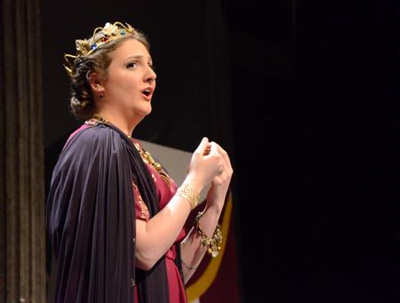 Angela Canestrari, junior music major, successfully plays the role of Dido in "Dido and Aeneas," presented by the department of music, an opera by Henry Purcell, directed by Stanley Warren. - Photo by Ebbie Davis