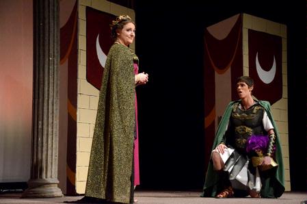 Angela Canestrari, junior music major, plays the role of Dido as Aeneas, played by Joseph Lindamood, sophomore music education major, confesses his love to her in the opera performance of "Dido and Aeneas." - Photo by Ebbie Davis