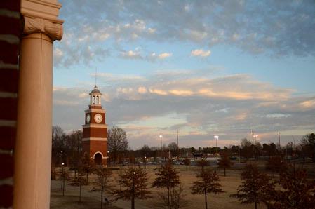 Miller Tower during sunset from the second floor of Jennings Hall. - Photo by Ebbie Davis
