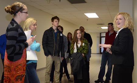 Student Ambassador Elaura Highfield, junior history major, guides prospective students on a tour of the Union University campus.  - Photo by Victoria Stargel