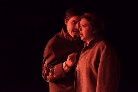 Leontes, played by Peter Riggs, yells at Camilla, played by Jill Barron, in the theater production of "The Winter's Tale," in the W.D. Powell Theatre.  - Photo by Deanna Santangelo