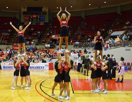 The cheerleaders rally team spirit before game 1 of the 2011 NAIA National Championship. - Photo by Beth Spain