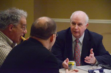 Gilbert Meilaender, the Phyllis and Richard Duesenberg Chair of Christian Ethics at Valparaiso University, talks with those attending the lectures on "Hoping to Live Forever" in the Carl Grant Center. - Photo by Abigail Harris