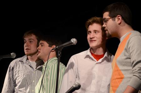 Greg Hines, Jeremy Isbel, Will Burke, and Jake Fry, perform a quartet arrangement of "Standing on the Corner" from the broadway musical "The Most Happy Fella" for Union's Broadway Caberet. - Photo by Abigail Harris