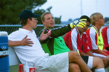 Graduate Assistant Coach, David Delaughter (left) and senior goalie from British Columbia, Canada, Jeff Lean (right) - Photo by Jim Veneman