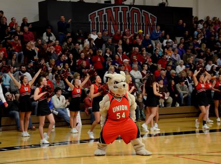 The cheerleaders, along with Buster the Bulldog, get the crowd excited about the Lady Bulldogs' game against Bethel University.  - Photo by Ebbie Davis