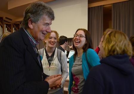 Nigel Goodwin, founder of Genesis Arts Trust, talks with students after speaking in chapel.  - Photo by Victoria Stargel