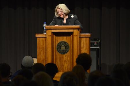 Mary McCleary, Regent’s Professor of Art Emeritus at Stephen F. Austin State University in Nacogdoches, Texas, speaks to students and faculty during chapel. - Photo by Beth Spain