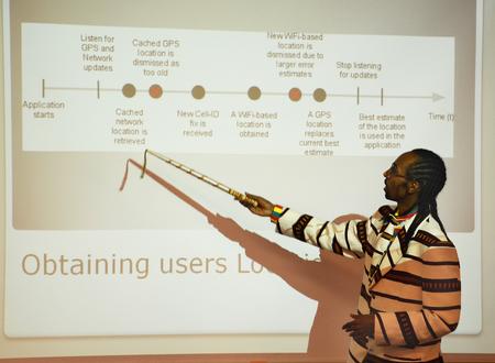 Mikias Seid, senior computer science major, presents his research on android location technology for the Union University Scholarship Symposium.  - Photo by Victoria Stargel