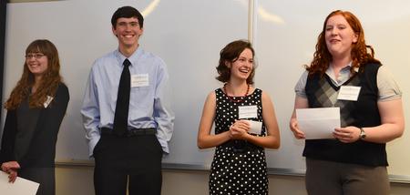Whitney Williams, Michael O'Malley, Hannah Wakefield, and Amanda Bennet present their creative end to The Mystery of Edwin Drood, a Dickens novel, for the Union University Scholarship Symposium.  - Photo by Victoria Stargel