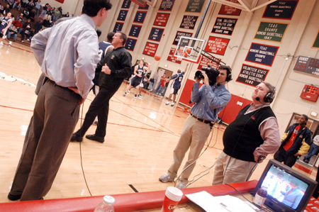 Commentator and professor Steve Beverly interviews Coach Mark Campbell during the UBS post-game show for the Lady Bulldog vs. Lambuth telecast.  Also pictured is graduate Drew Mehta on camera and Journalism professor Michael Chute as floor director. - Photo by Kristen Nicole Sayres