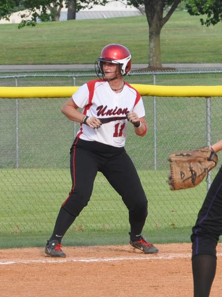 Stephanie Saunders, junior sports medicine major, leads off during a softball game.  - Photo by Morris Abernathy
