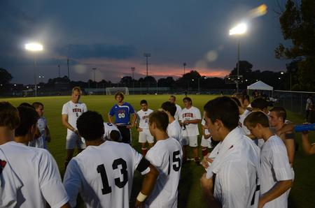 The Bulldog soccer team meets after their win over Wallace State Community College.  - Photo by Ebbie Davis