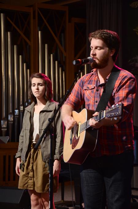 TJ Hester (right), senior Christian studies major, and Natalie Wittman, senior english major, lead music for chapel. - Photo by Zac Calvert