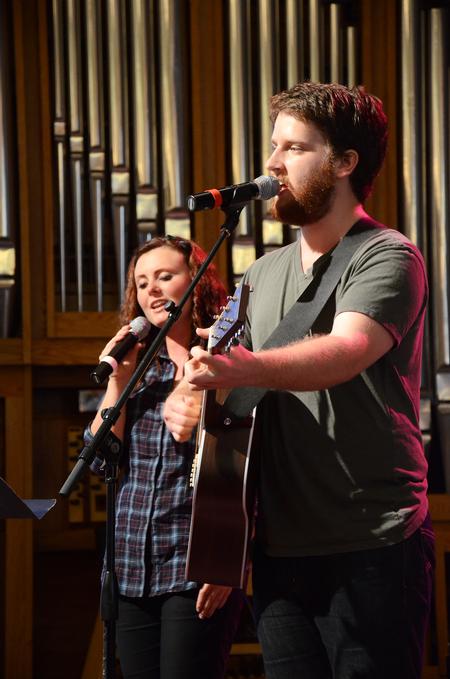 Marie Adamkova, junior music major, and TJ Hester, senior Christian studies major, lead music in chapel.  - Photo by Zac Calvert