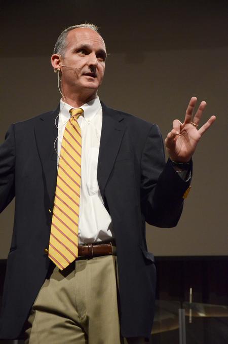 David Montague, Director of Memphis Teacher Residency, speaks in chapel about the importance of missions not only abroad but also in our churches and cities, mentioning the importance of specifically reaching out to Memphis. - Photo by Zac Calvert