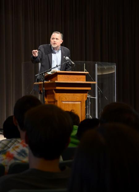 Todd Brady, special assistant to the president for university relations, speaks on "Living Responsively Within God's Story" during Family Weekend chapel. - Photo by Jacob Moore