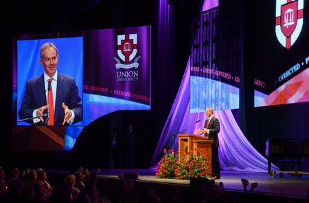 Tony Blair, former British prime minister, speaks at the 14th annual Scholarship Banquet held at the Carl Perkins Civic Center.  - Photo by Jacob Moore