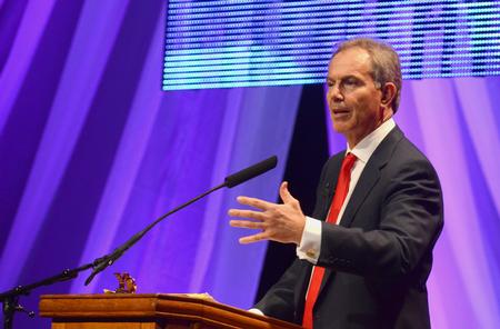 Tony Blair, former British prime minister, speaks at the 14th annual Scholarship Banquet held at the Carl Perkins Civic Center.  - Photo by Jacob Moore