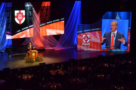 Former British Prime Minister Tony Blair speaks during the 2011 Scholarship Banquet at the Carl Perkins Civic Center.  - Photo by Anne Richoux