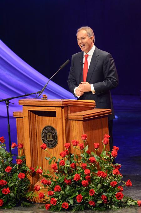 Tony Blair, Former British Prime Minister, was the guest speaker at Union's 14th annual Scholarship Banquet at the Carl Perkins Civic Center, focusing on world politics.  - Photo by Zac Calvert