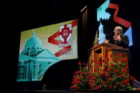 David S. Dockery, president of the university, addresses the audience at the 14th annual Scholarship Banquet. - Photo by Ebbie Davis
