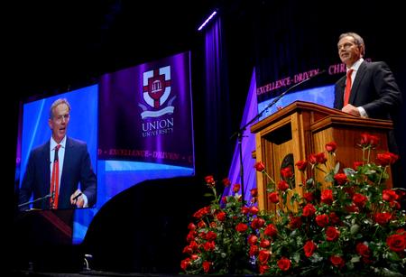 Keynote speaker, Tony Blair, former British Prime Minister, addresses the audience at the 14th annual Scholarship Banquet.  - Photo by Ebbie Davis