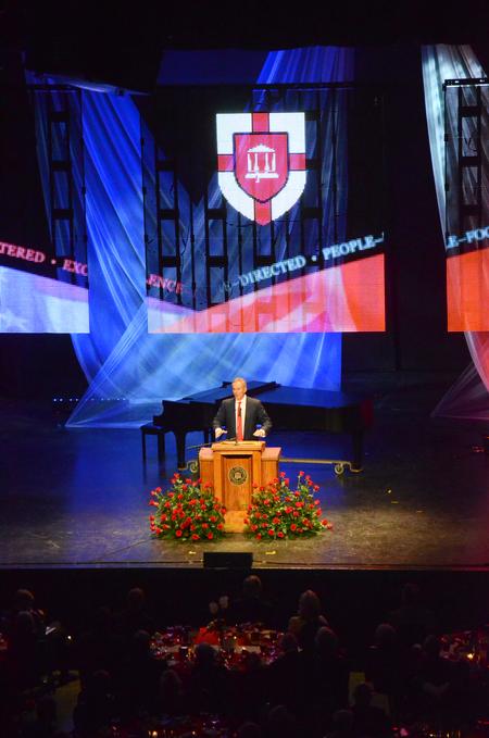 Tony Blair, Former British Prime Minister, speaks about current politics at Union's 14th annual Scholarship Banquet at the Carl Perkins Civic Center. - Photo by Zac Calvert