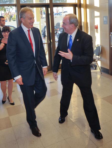 David S Dockery (right), president of the university, welcomes Former British Prime Minister Tony Blair to Jackson, TN. - Photo by Morris Abernathy