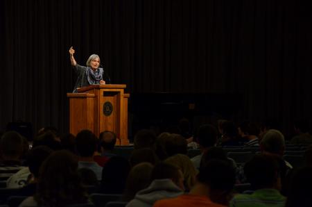Pauline Maier, the William R. Kenan Jr. Professor of American History at the Massachusetts Institute of Technology, speaks at the Carls-Schwerdfeger History Lecture.  - Photo by Anne Richoux