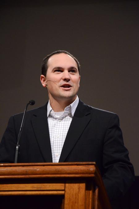 Guest speaker Justin Wainscott, senior pastor of First Baptist Church of Jackson, speaks to Union students and faculty about prayer and faith. - Photo by Zac Calvert